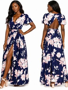Lulus NWT Navy Floral Wrap Maxi Dress Open Back Flutter Sleeve Size Small